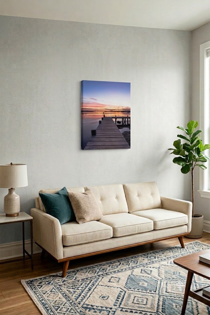 Sunrise Over Newtown Creek Canvas Wall Art Displayed in a Contemporary Living Room