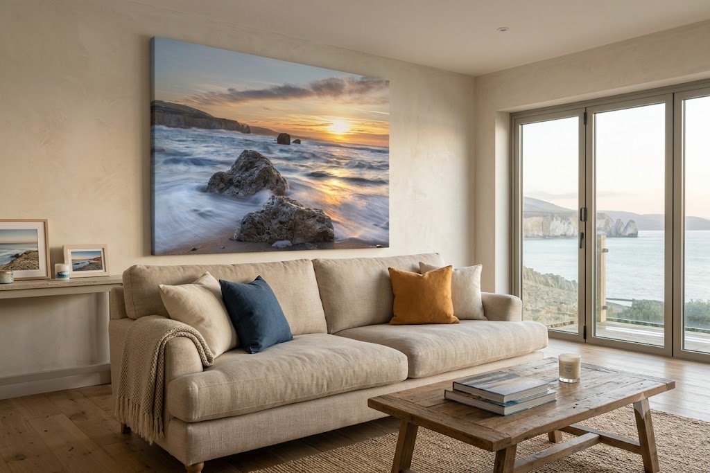Golden Dawn at Freshwater Bay stretched canvas displayed in a modern living roomcanvas