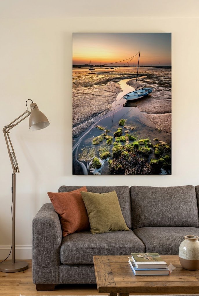 Sunset at Newtown Creek, Isle of Wight canvas wall art displayed in a contemporary living room