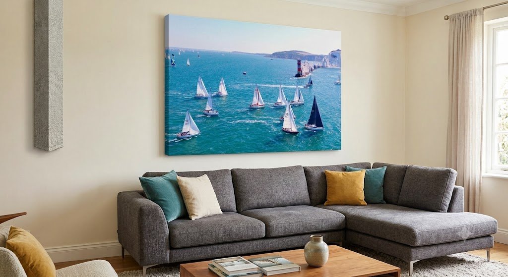 Round the Island Race 2026 canvas wall art displayed in a modern living room.