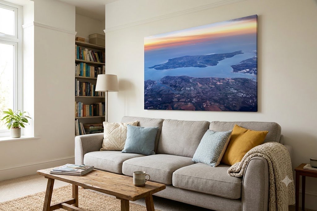 Large Isle of Wight sunrise canvas displayed in a contemporary living room